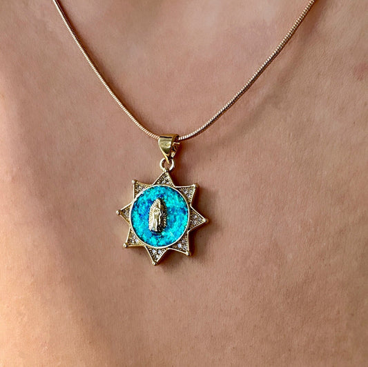 Opal Virgin Mary Pendant, Our Lady Of Guadalupe Pendant Necklace, Virgin Mary Pendant Blue, Gold Virgin Mary Pendant, Virgin Mary Stars