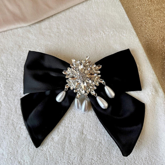 Christmas Hair Bow Clip, Snowflake Hair Bow, Black Christmas Bow, Black Satin Hair Bow, Festive Hair Bow, Snowflake Hair Clips