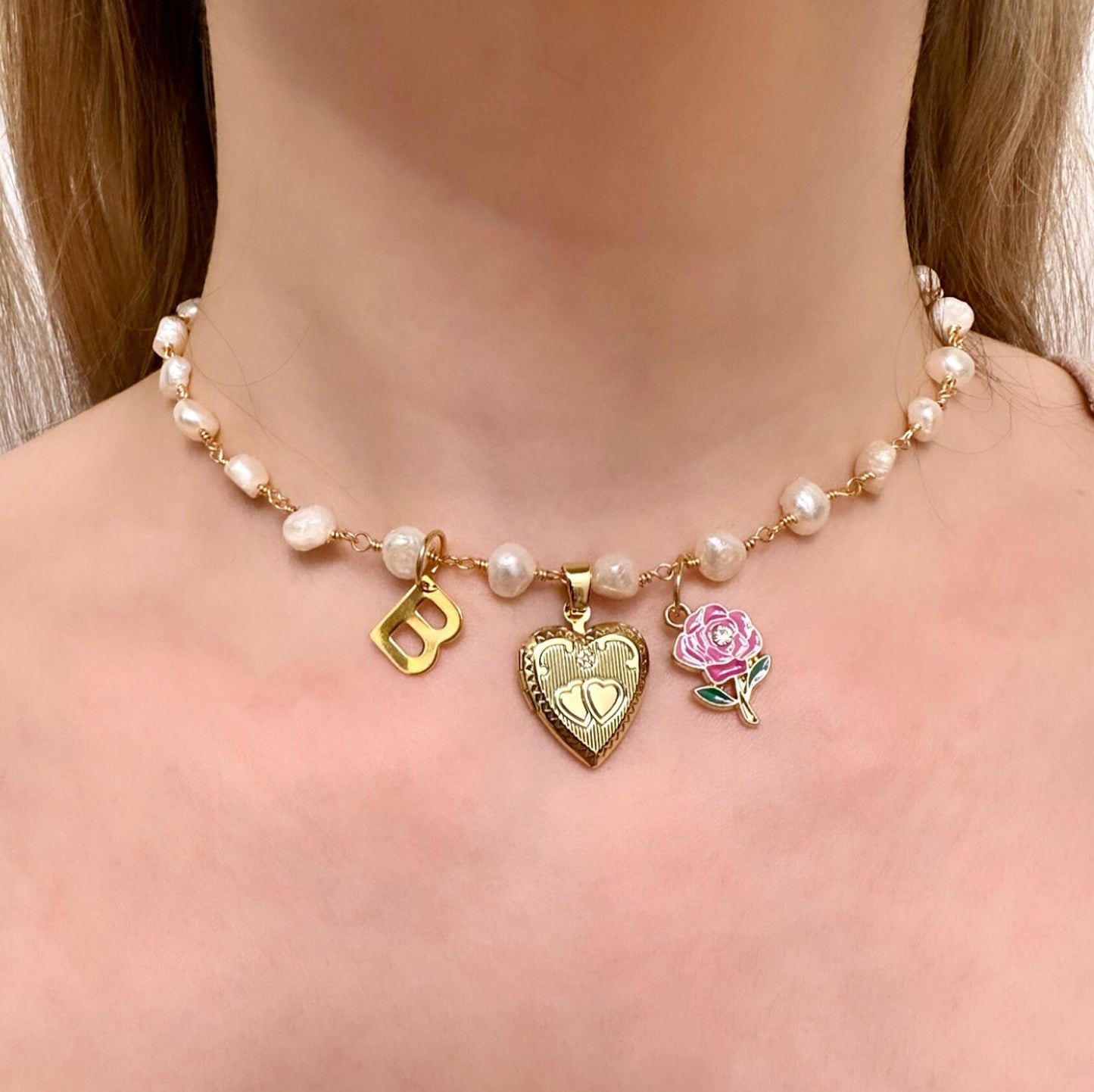 Pearl Locket Necklace Heart, Heart Locket Necklace With Letter, Gold Heart Locket Personalized, Custom Locket Necklace, Valentine's Necklace