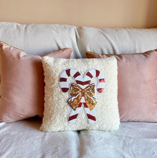 Candy Cane Christmas Pillow, White Boucle Pillow, Gold Bow Pillow, Sequin Christmas Pillow, Coquette Christmas Pillow, Cozy Decor Home