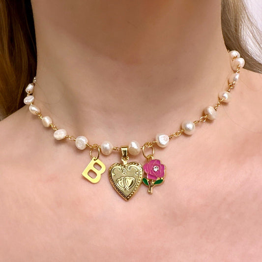 Pearl Locket Necklace Heart, Heart Locket Necklace With Letter, Gold Heart Locket Personalized, Custom Locket Necklace, Valentine's Necklace