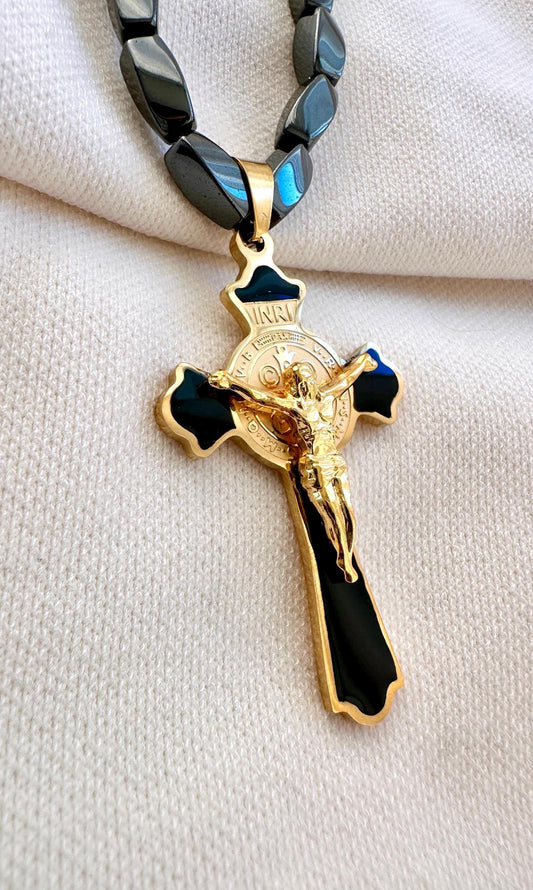 Chunky Black Cross Necklace, Crucifix Necklace Men Waterproof, Men's Cross Necklace Men's Magnetic Necklace Hematite Cross Necklace Dad Gift