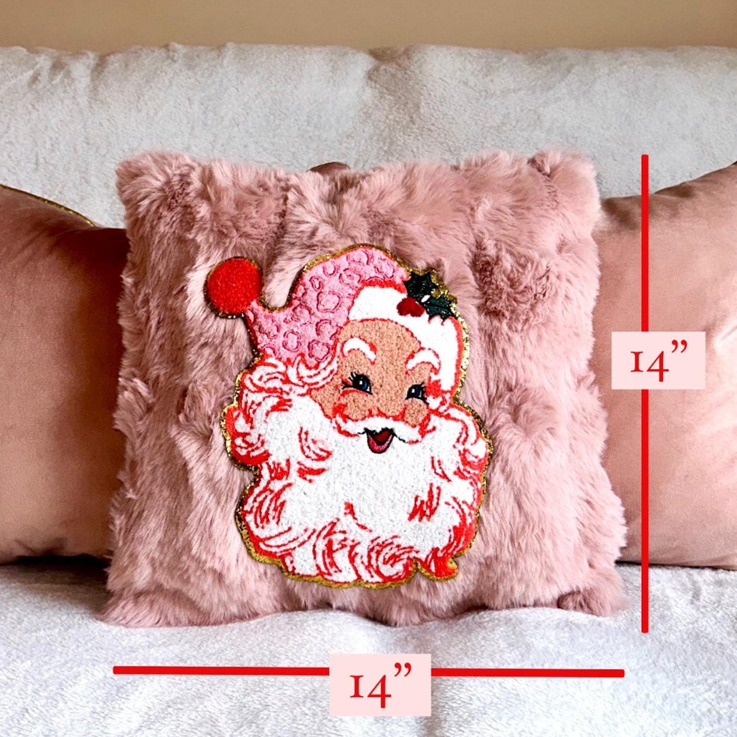 Retro Santa Pillow, Pink Santa Pillow, Faux Fur Christmas Pillow, Merry Pillow, Coquette Christmas Pillow, Pink Christmas Decor Home Decor
