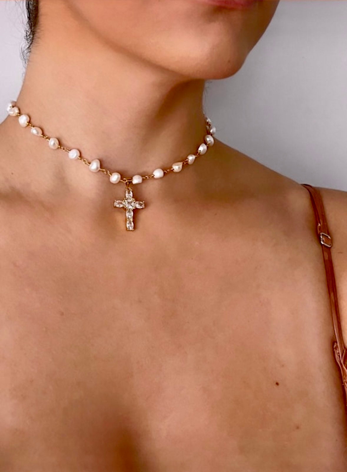 Freshwater Pearl Cross Necklace - Statement Cross Pearl Necklace - Pearl Bead Cross Necklace, Gold Filled CZ Cross Pendant, CZ Cross Pendant