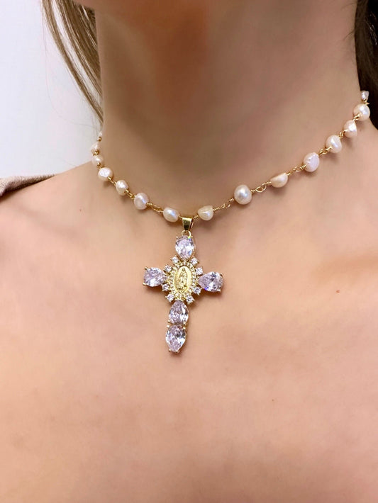 Freshwater Pearl Cross Necklace - Statement Cross Pearl Necklace - Pearl Bead Cross Necklace, Gold Filled CZ Cross Pendant, CZ Cross Pendant
