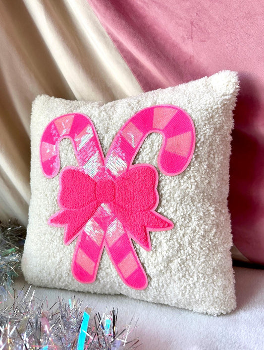 Pink Candy Cane Pillow, Candy Cane Christmas Pillow, Pink Bow Pillow, Sequin Christmas Pillow Coquette Christmas Pillow, White Boucle Pillow