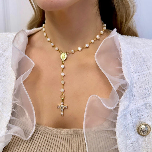 Freshwater Pearl Cross Necklace - Statement Cross Pearl Necklace - Pearl Bead Cross Necklace, Gold Filled CZ Cross Pendant, CZ Cross Pendant