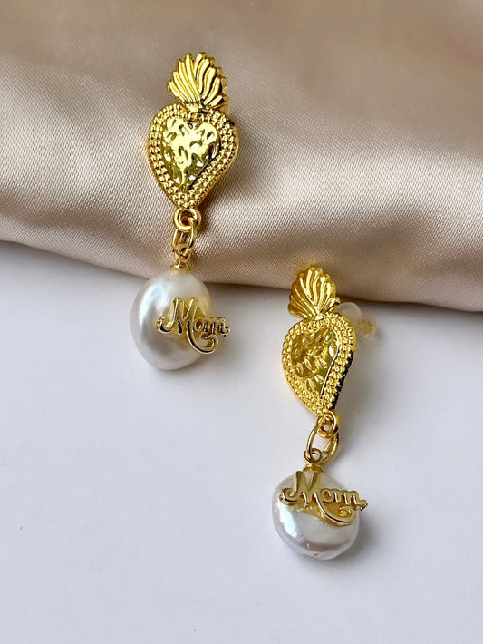 Mom Dangle Earrings, Mother's Day Earrings, Mother's Day Gift For Her, Gold Sacred Heart Earrings, Milagro Earrings Gold, Ex Voto Earrings