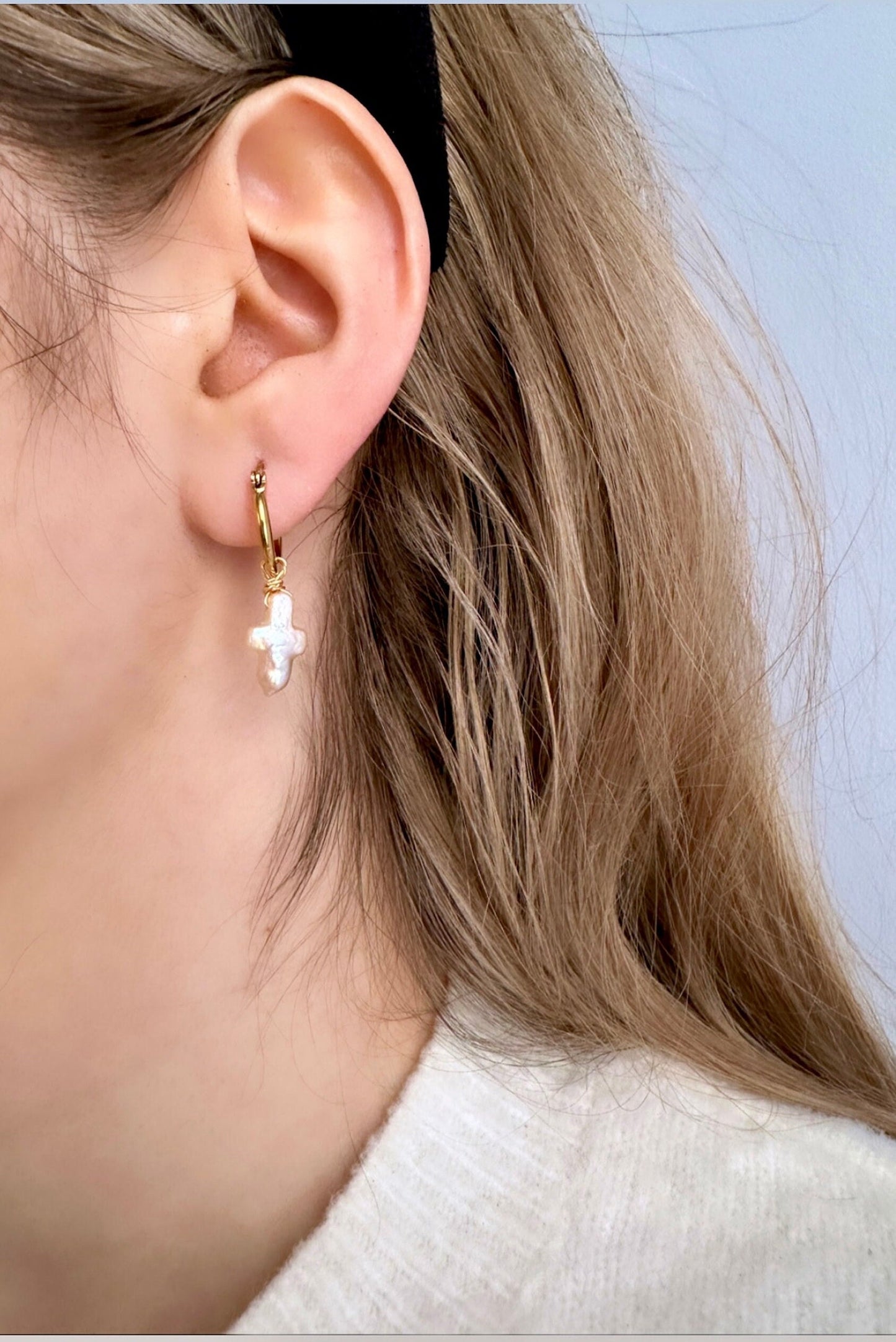 Freshwater Pearl Cross Earrings, Cross Hoop Earrings, Pearl Cross Hoop, Pearl Cross Huggie Earrings, Easter Hoop Earrings Religious Earrings
