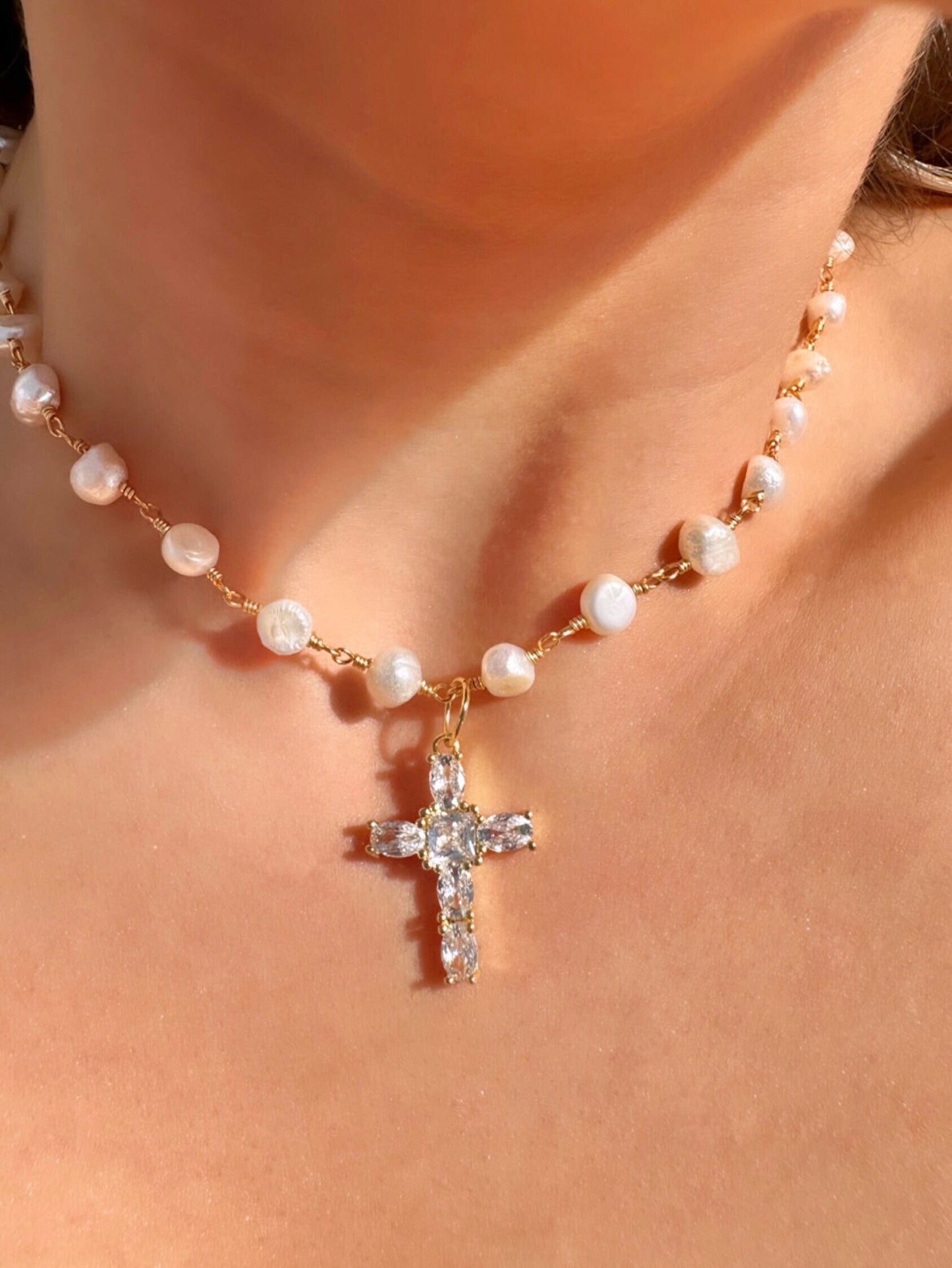 Freshwater Pearl Cross Necklace - Statement Cross Pearl Necklace - Pearl Bead Cross Necklace, Gold Filled CZ Cross Pendant, CZ Cross Pendant