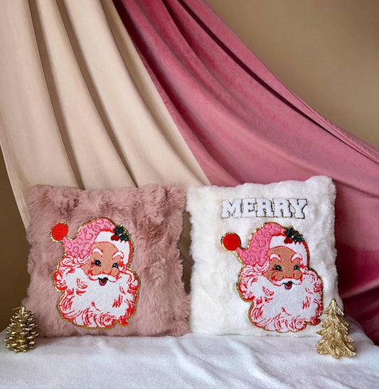 Retro Santa Pillow, Pink Santa Pillow, Faux Fur Christmas Pillow, Merry Pillow, Coquette Christmas Pillow, Pink Christmas Decor Home Decor