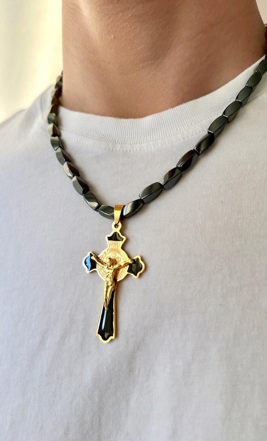 Chunky Black Cross Necklace, Crucifix Necklace Men Waterproof, Men's Cross Necklace Men's Magnetic Necklace Hematite Cross Necklace Dad Gift