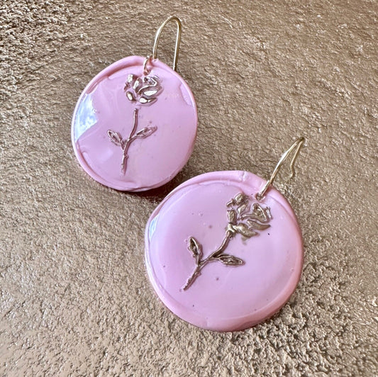 Gold Rose Earrings, Wax Seal Earrings, Pink Rose Earring, June Rose Earrings, Wax Jewelry, June Birthday Gifts, Rose Birth Flower