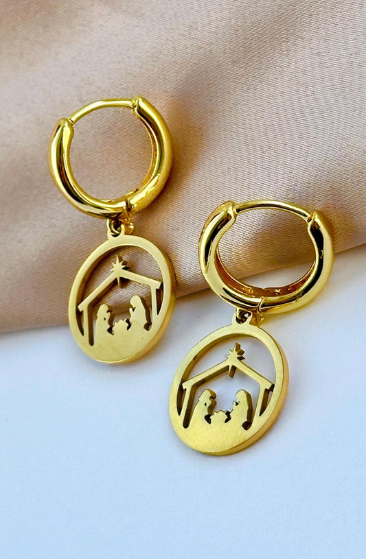 Nativity Earrings, Religious Christmas Earrings, Christmas Hoop Earrings, Nativity Scene Earring, Gold Christmas Earrings, Christmas Hoops