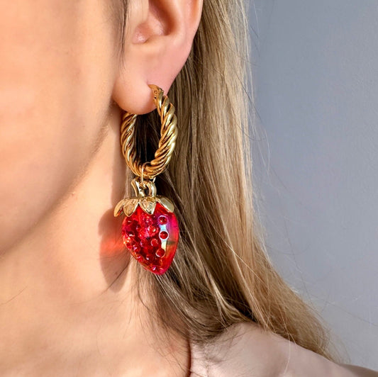 Strawberry Hoops, Gold Twist Hoop Earrings Tarnish Free, Red Strawberry Earrings, 2 in 1 Earrings That Convert, Strawberry Dangle Earrings