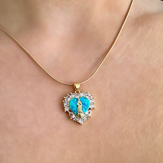 Virgin Mary Gold Heart Pendant, Mother Mary Necklace Gold, Mother's Day Heart Necklace, Catholic Heart Necklace Opal Heart Pendant 18kt Gold
