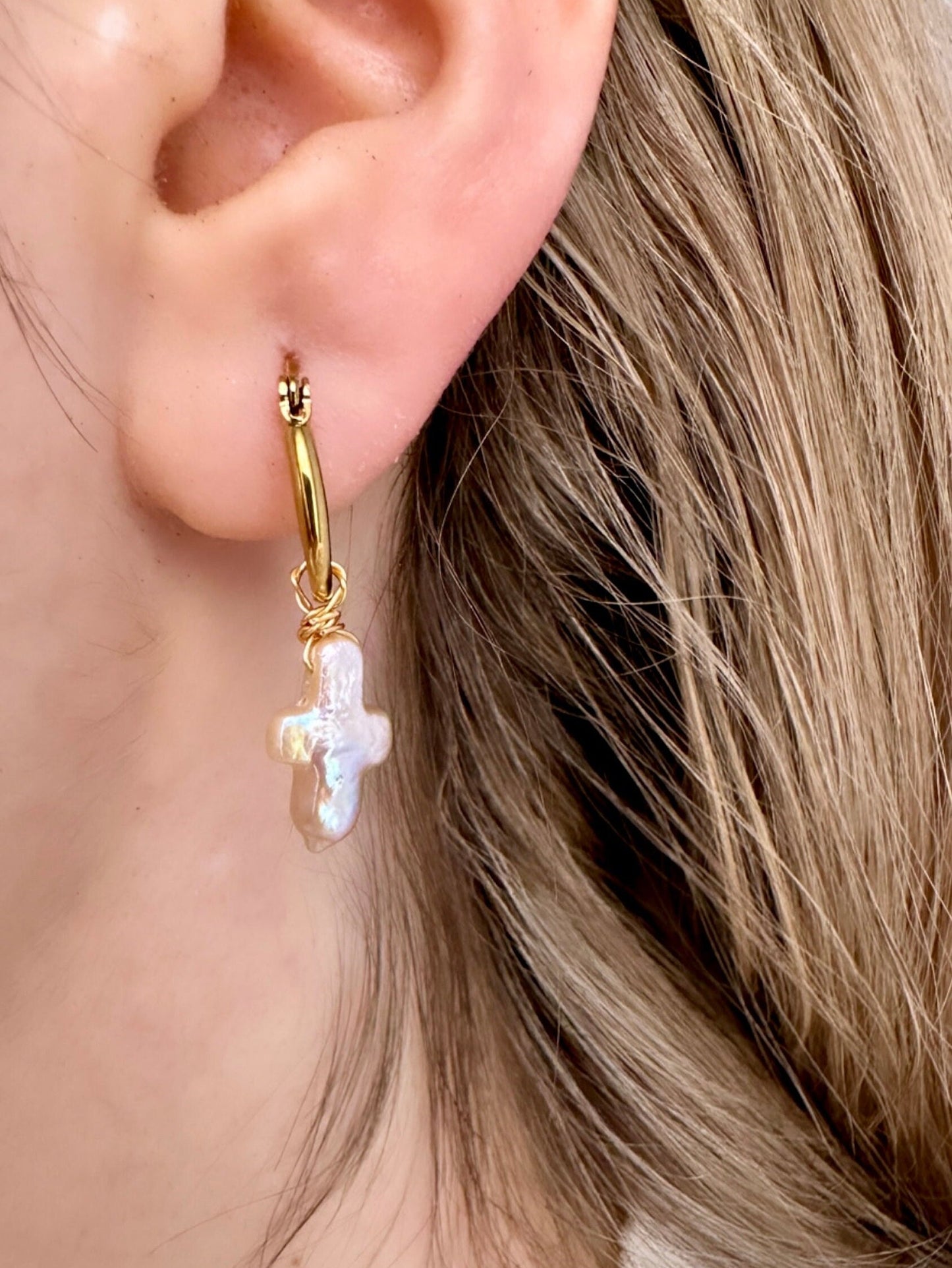 Freshwater Pearl Cross Earrings, Cross Hoop Earrings, Pearl Cross Hoop, Pearl Cross Huggie Earrings, Easter Hoop Earrings Religious Earrings
