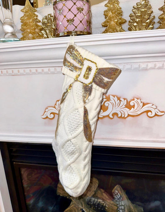 Personalized Letter Stocking, White Knit Christmas Stocking, Initial Stocking Christmas, Bow Christmas Stocking, Custom Christmas Stocking