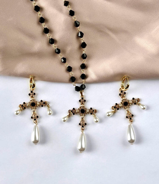 Renaissance Cross Necklace, Tudor Necklace, Renaissance Earrings, Halloween Jewelry Set, Renaissance Jewelry For Women, Medieval Jewelry