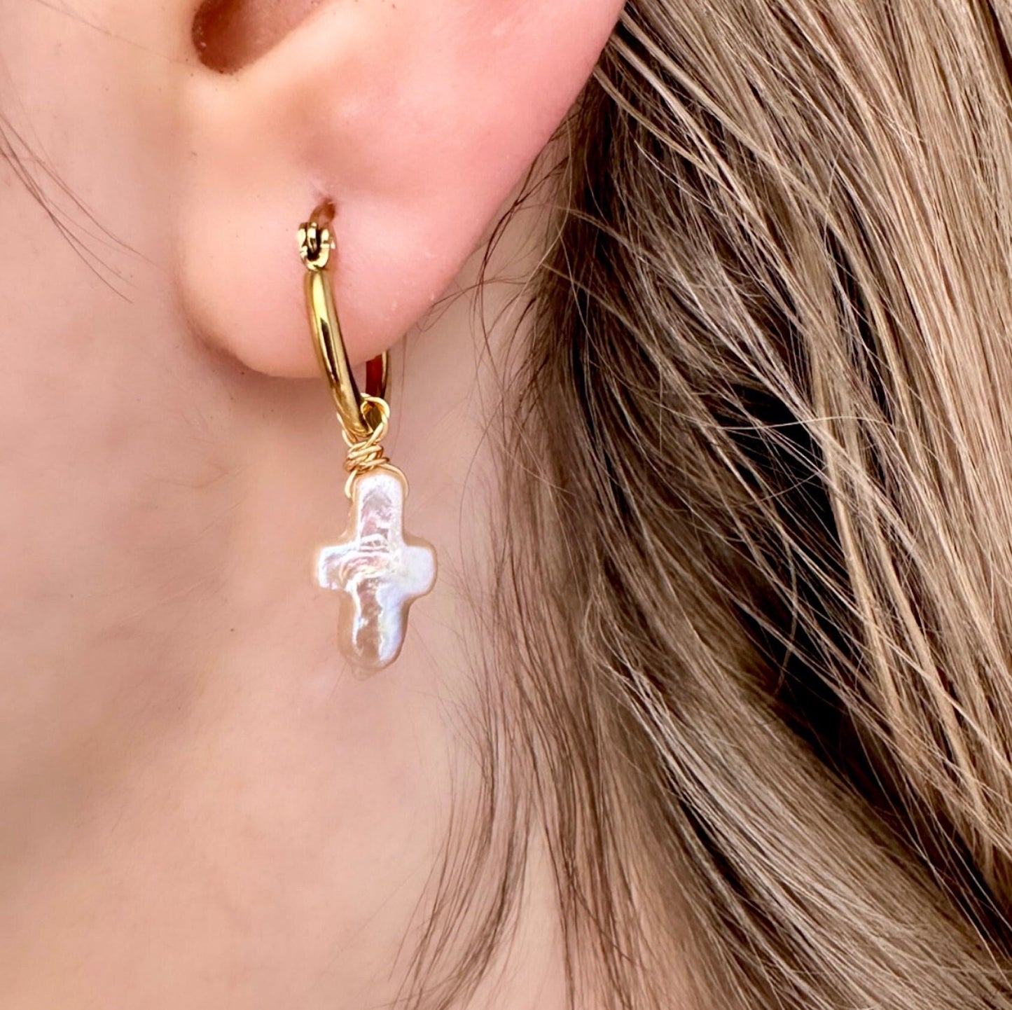 Freshwater Pearl Cross Earrings, Cross Hoop Earrings, Pearl Cross Hoop, Pearl Cross Huggie Earrings, Easter Hoop Earrings Religious Earrings