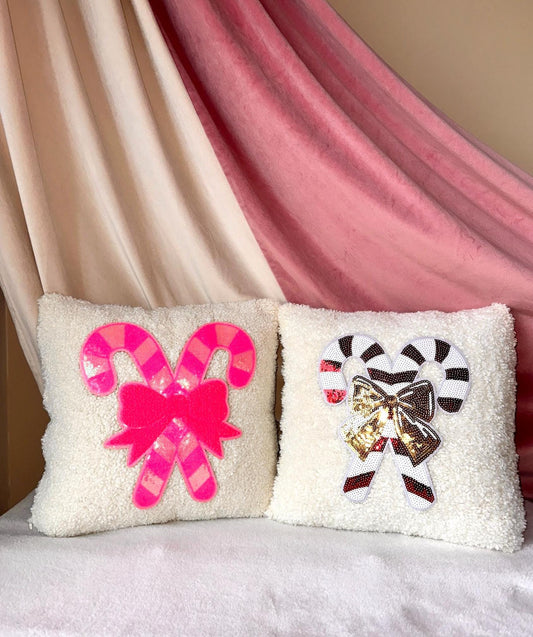 Candy Cane Christmas Pillow, Pink Candy Cane Pillow, White Boucle Pillow, Gold Bow Pillow, Sequin Christmas Pillow Coquette Christmas Pillow