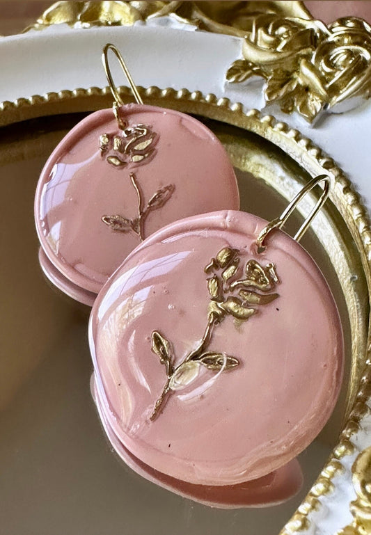 Gold Rose Earrings, Wax Seal Earrings, Pink Rose Earring, June Rose Earrings, Wax Jewelry, June Birthday Gifts, Rose Birth Flower