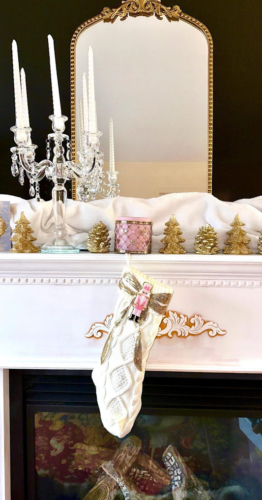 Pink Nutcracker Stocking, Nutcracker Christmas Stocking, Bow Christmas Stocking, White Knit Christmas Stocking, Coquette Christmas Stocking