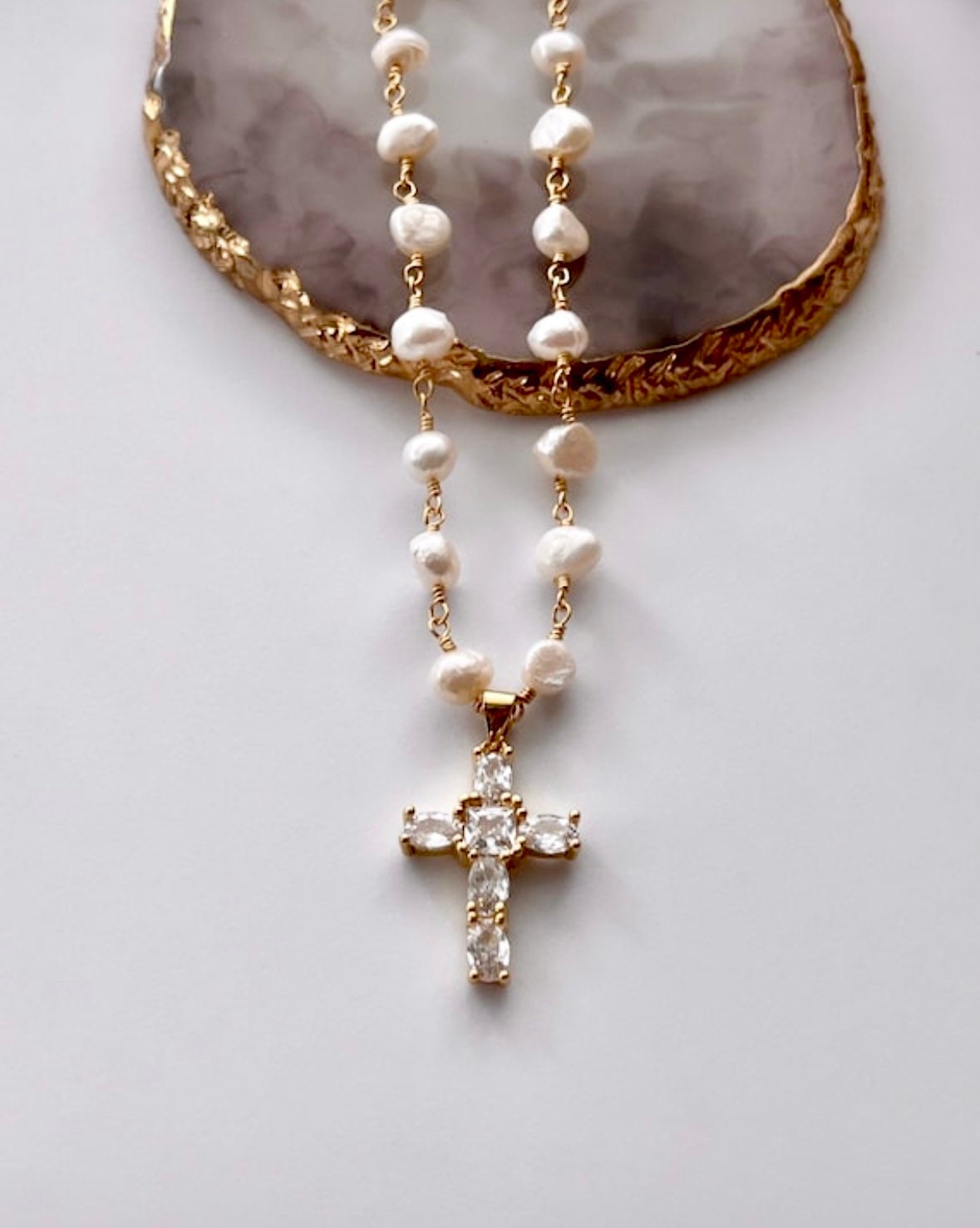 Freshwater Pearl Cross Necklace - Statement Cross Pearl Necklace - Pearl Bead Cross Necklace, Gold Filled CZ Cross Pendant, CZ Cross Pendant