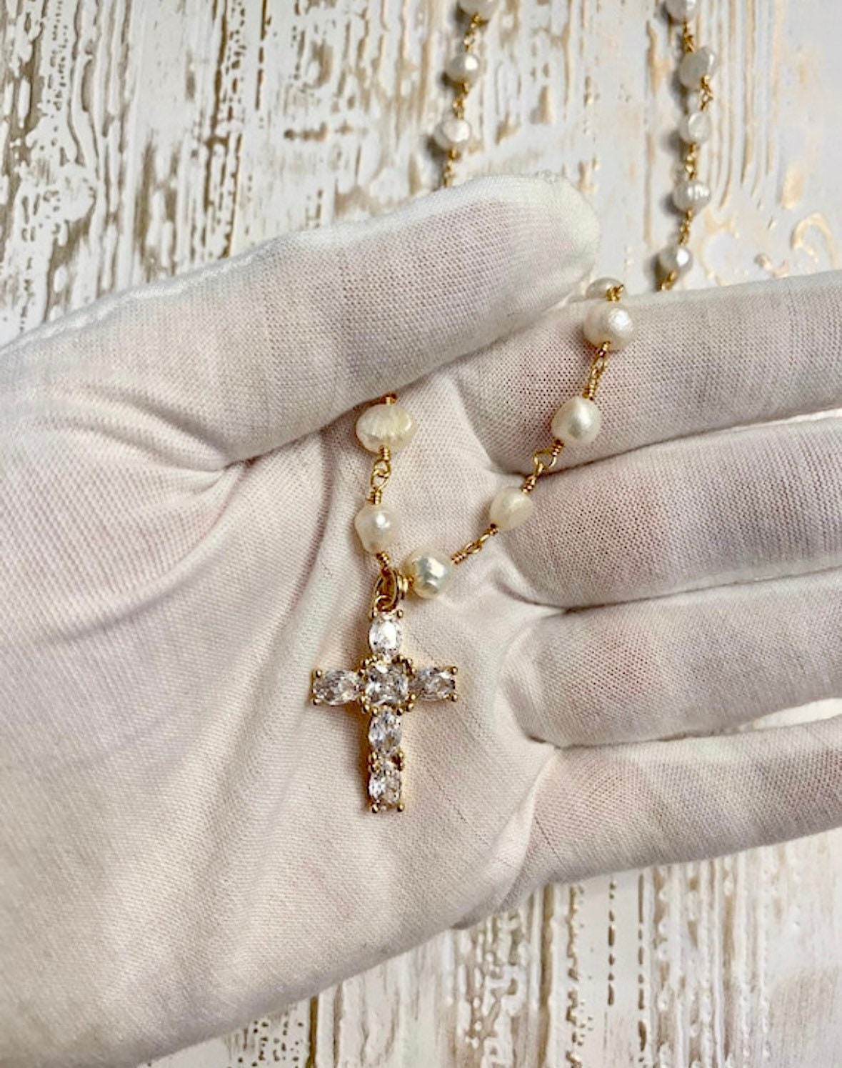 Freshwater Pearl Cross Necklace - Statement Cross Pearl Necklace - Pearl Bead Cross Necklace, Gold Filled CZ Cross Pendant, CZ Cross Pendant