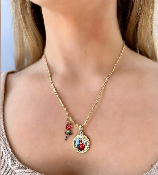 Virgin Mary Rose Gold Necklace, Virgin Mary Pendant Gold, Virgin Mary Medallion, Virgin Mary Portrait, Religious Mother's Day Gift