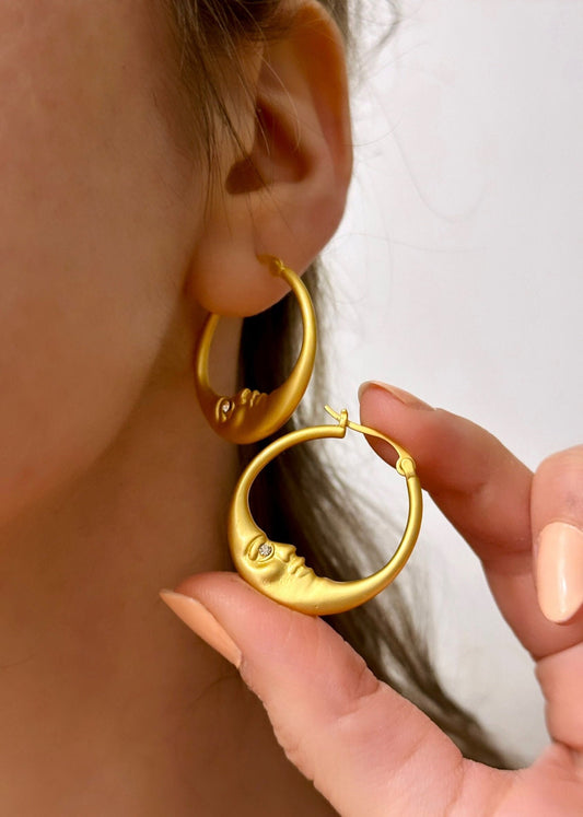 Gold Crescent Hoops, Moon Earrings, Thin Hoop Earrings, Celestial Earrings, Moon Hoop Earrings, Moon Star Earrings, Planet Earrings