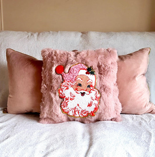 Pink Santa Pillow, Coquette Christmas Pillow, Pink Christmas Pillow, Retro Santa Pillow, Faux Fur Christmas Pillow, Pink Decor Pillows