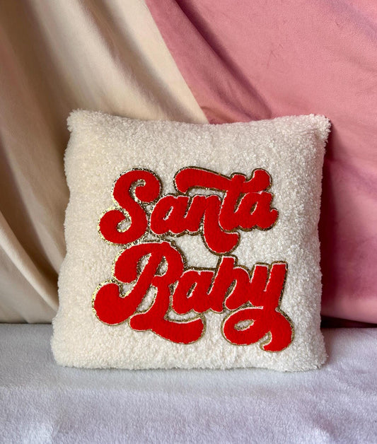 Retro Santa Pillow, Santa Christmas Pillows, Santa Baby Pillow, Cottage Christmas Decor, White Boucle Pillow, Cute Christmas Decorations