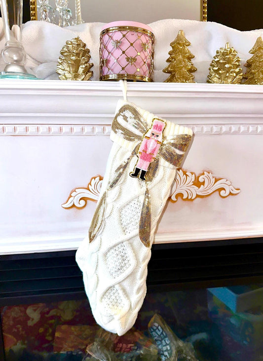 Pink Nutcracker Stocking, Nutcracker Christmas Stocking, Bow Christmas Stocking, White Knit Christmas Stocking, Coquette Christmas Stocking