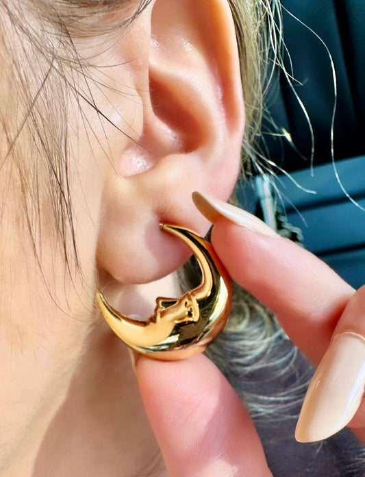 Gold Crescent Hoops, Moon Earrings, Thin Hoop Earrings, Celestial Earrings, Moon Hoop Earrings, Moon Star Earrings, Planet Earrings