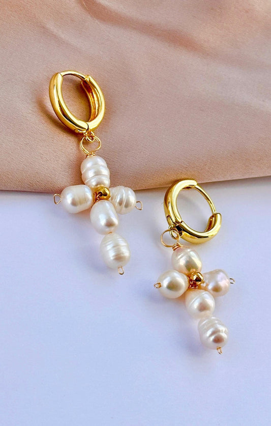 Gold Cross Hoop Earrings, Freshwater Pearl Cross Earrings, Baptism Earrings, Stainless Steel Cross Earrings, Gold Cross Earrings For Women