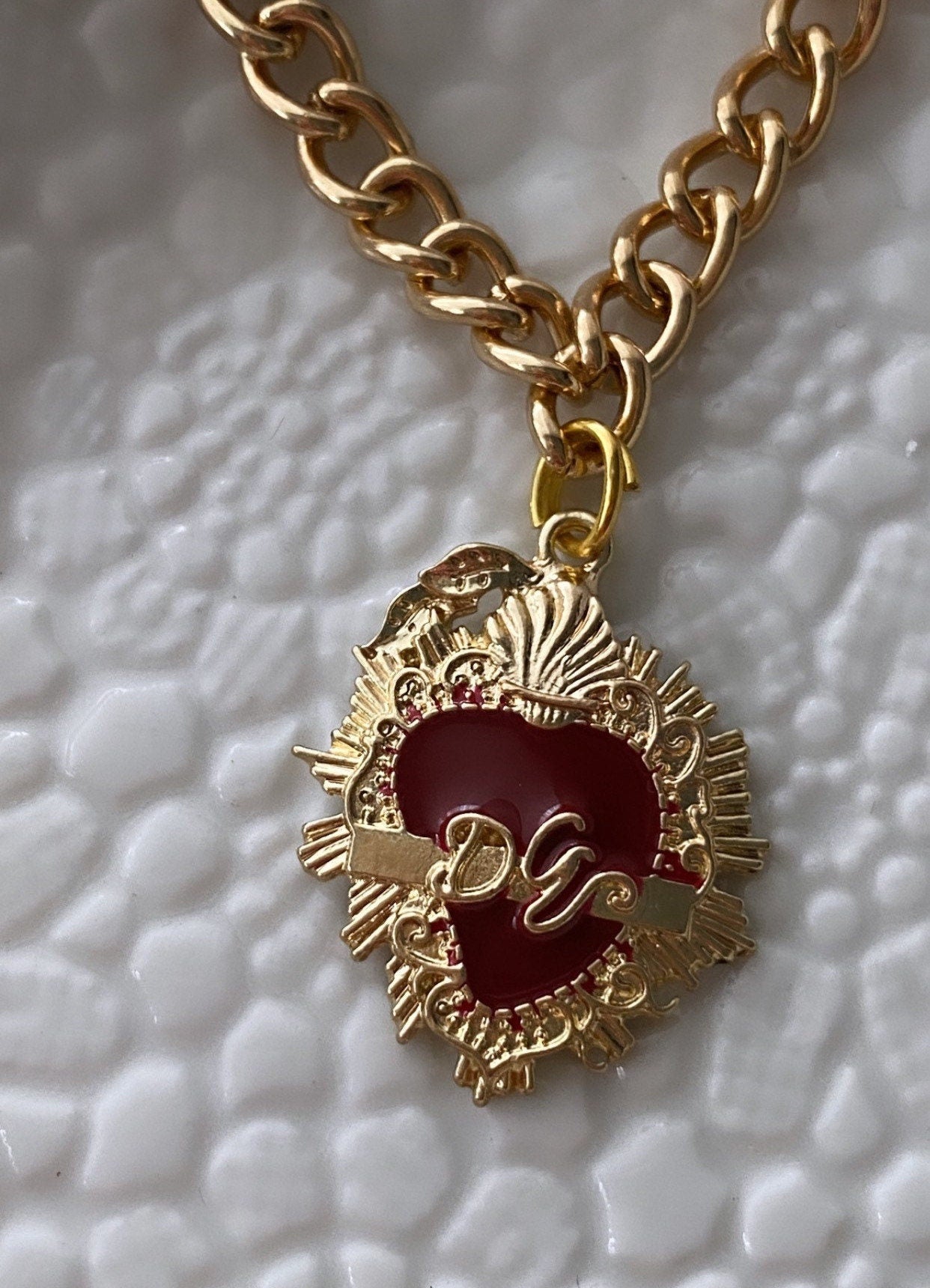 Red Gold Heart Necklace - Saint Heart Necklace - Sacred Heart Necklace - Milagro Heart - Religious Heart Necklace - Red Heart Choker