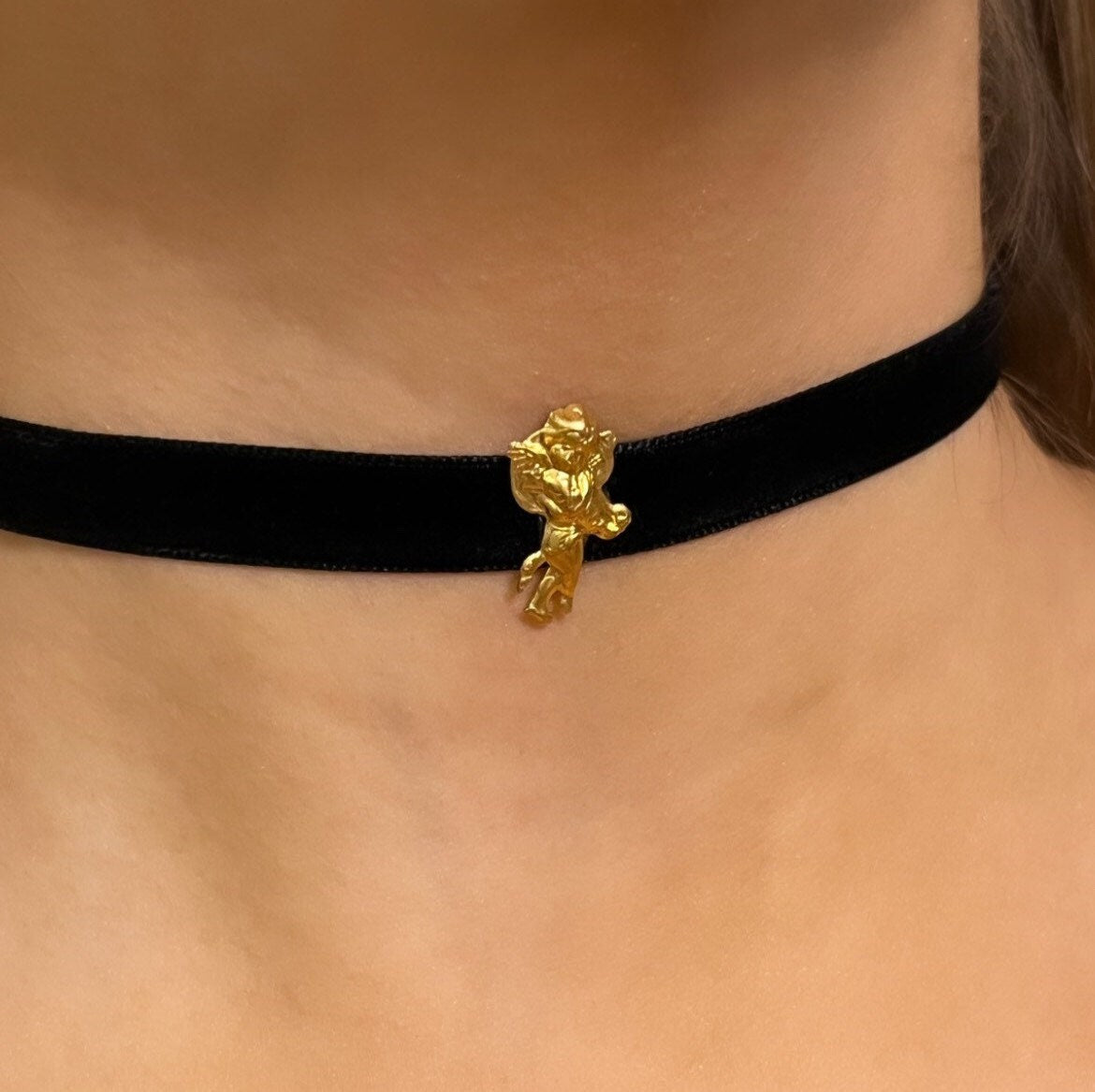 Angel Choker, Cupid Necklace, Cherub Necklace, Gold Angel Necklace, Thin Velvet Choker, Coquette Choker, Baroque Necklace, Velvet Necklace