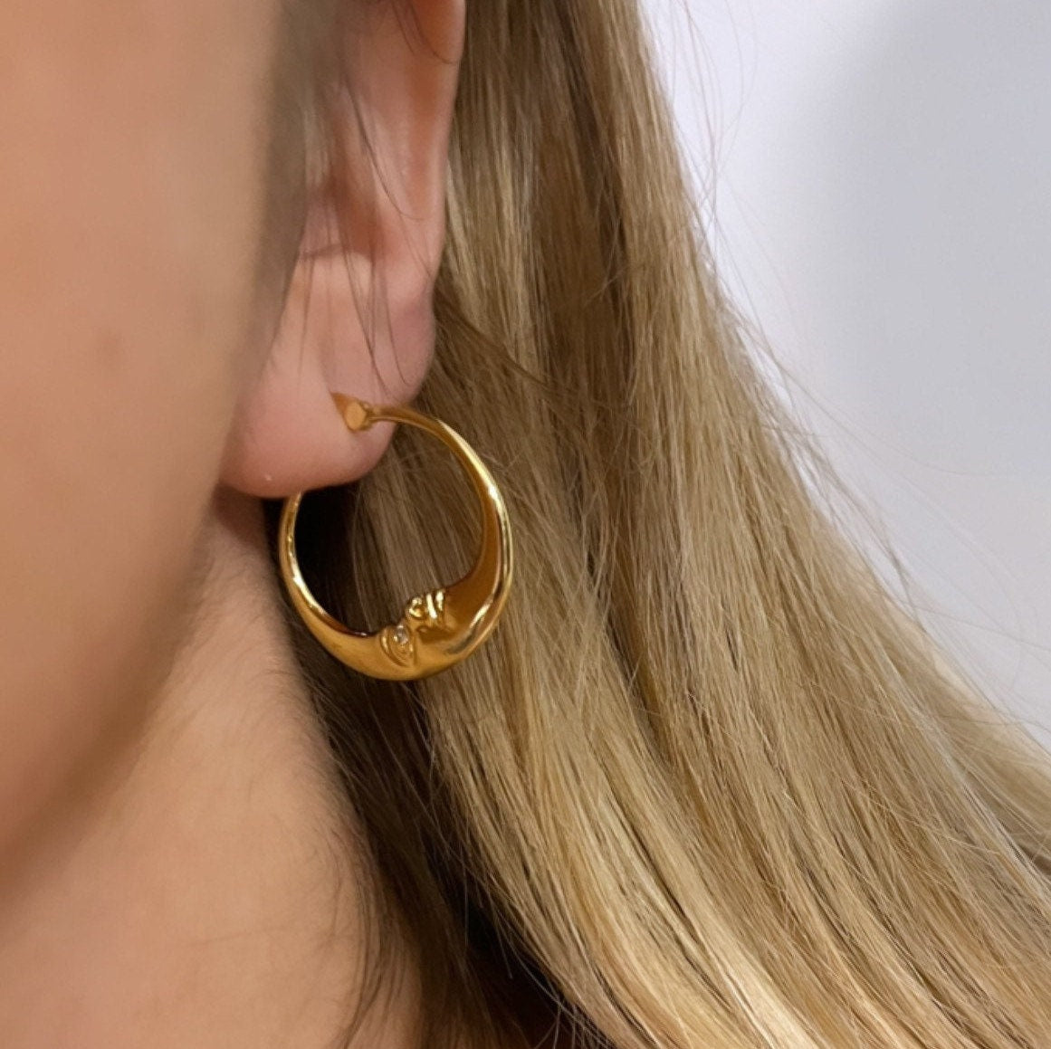 Gold Crescent Hoops, Moon Earrings, Thin Hoop Earrings, Celestial Earrings, Moon Hoop Earrings, Moon Star Earrings, Planet Earrings