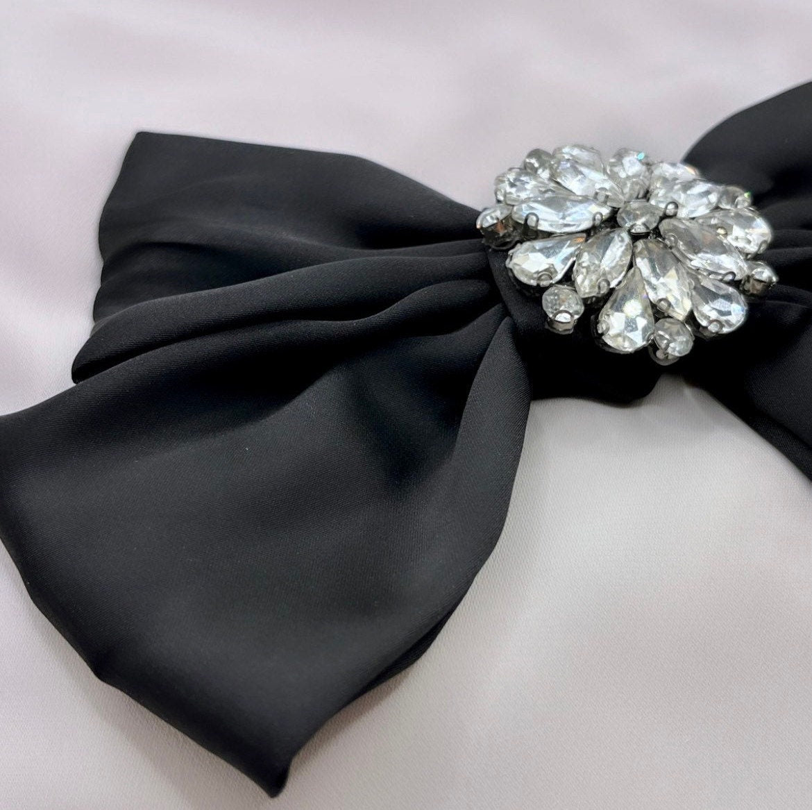 Black Rhinestone Bow, Bow Hair Barrette, Black Satin Bow Hair, Black Christmas Bow, Large Black Bow, Edwardian Hair Clip, Bow Barrette Clip