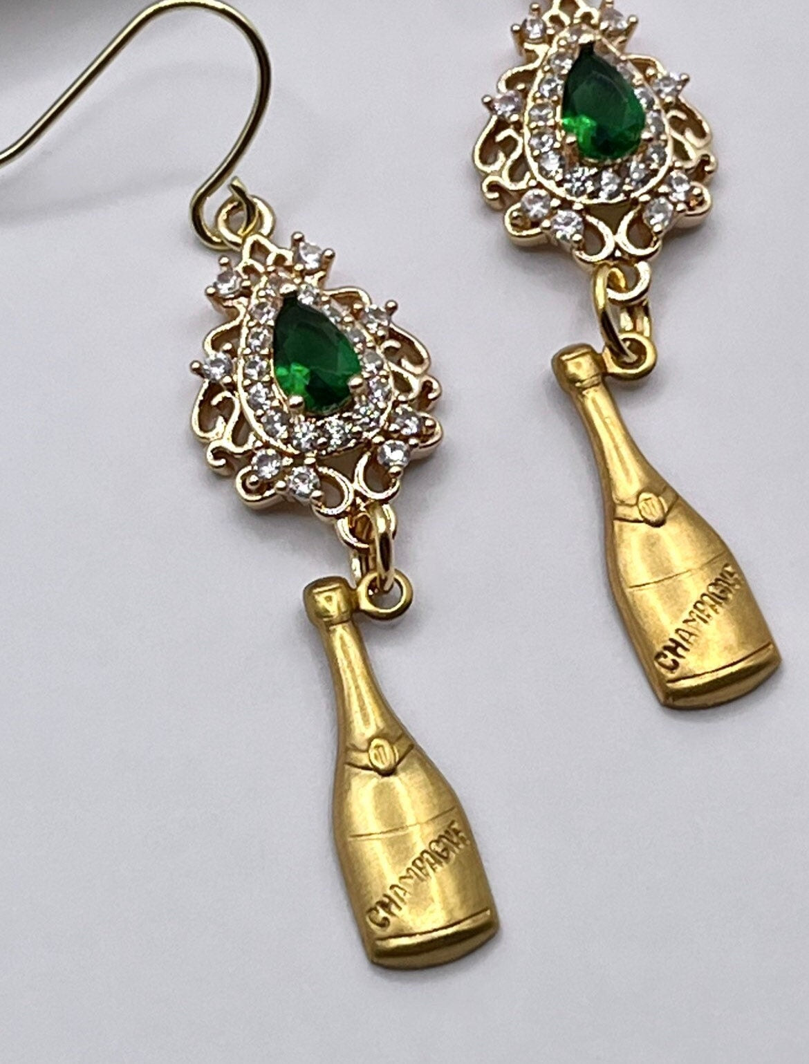 Champagne Bottle Earrings, Gold Champagne Earrings, New Years Eve Earrings, Champagne Bottle Jewelry, Gold And Emerald Drop Earrings