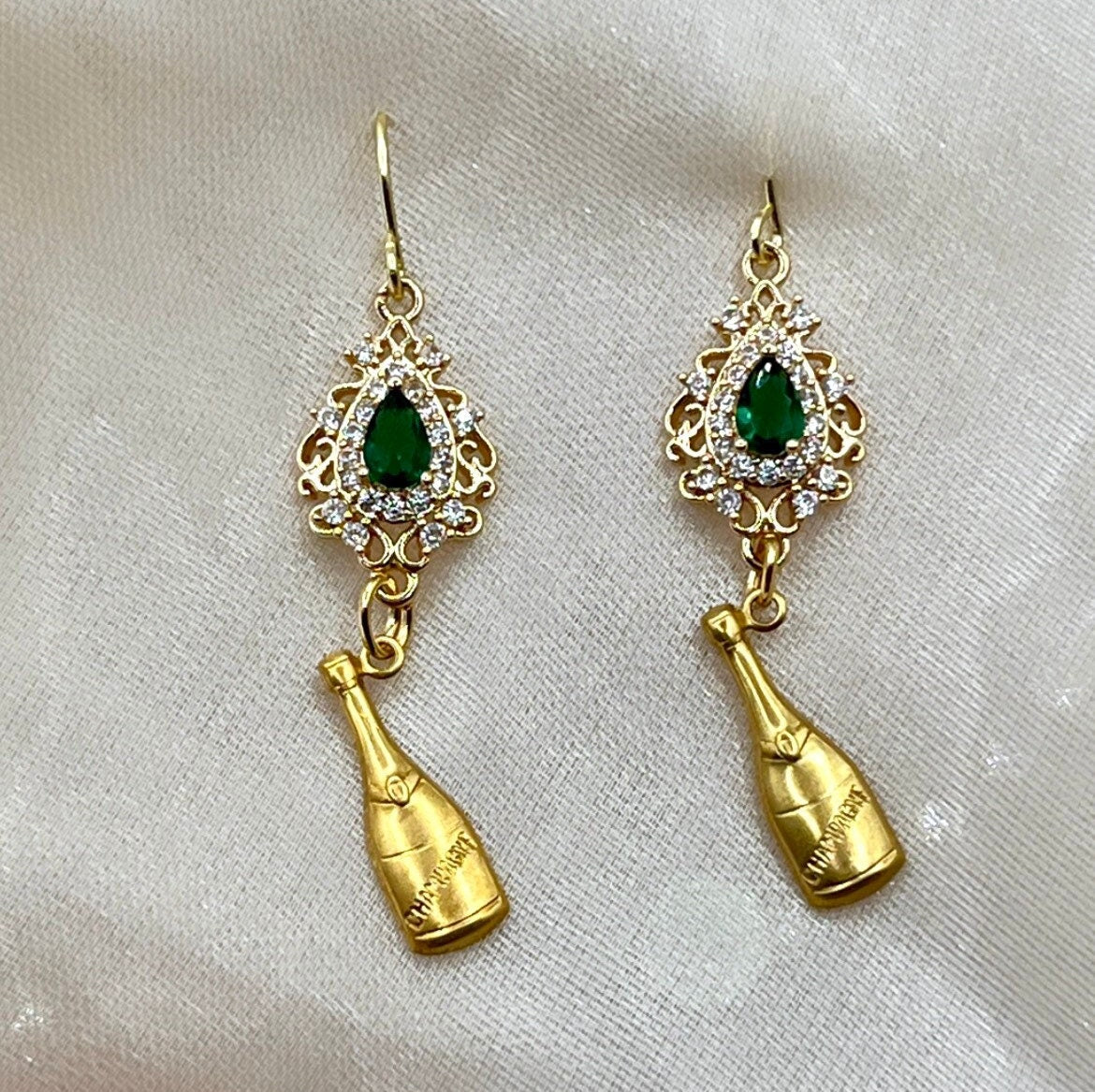 Champagne Bottle Earrings, Gold Champagne Earrings, New Years Eve Earrings, Champagne Bottle Jewelry, Gold And Emerald Drop Earrings