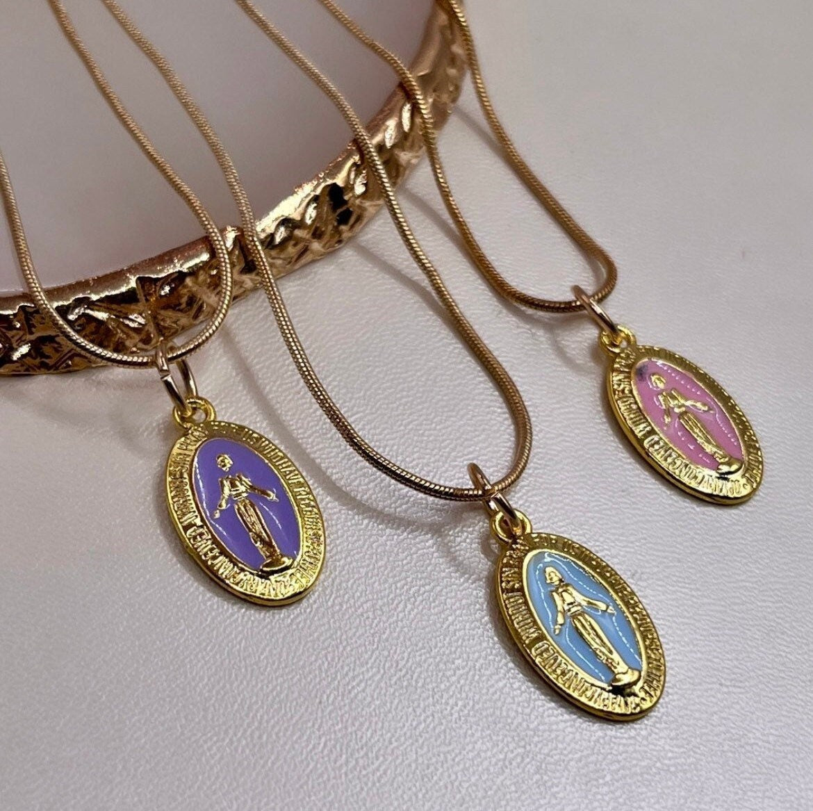 Gold Filled Virgin Mary Necklace, Miraculous Medal Pendant Necklace, Stainless Steel Medallion Necklace, Gold Women's Catholic Necklace