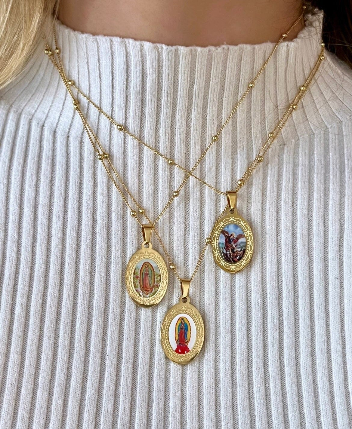 Angel Necklace, Gold Mary Necklace, Faith Necklace, Medallion Necklace, Spiritual Necklace, Protection Necklace, Virgin Mary Necklace