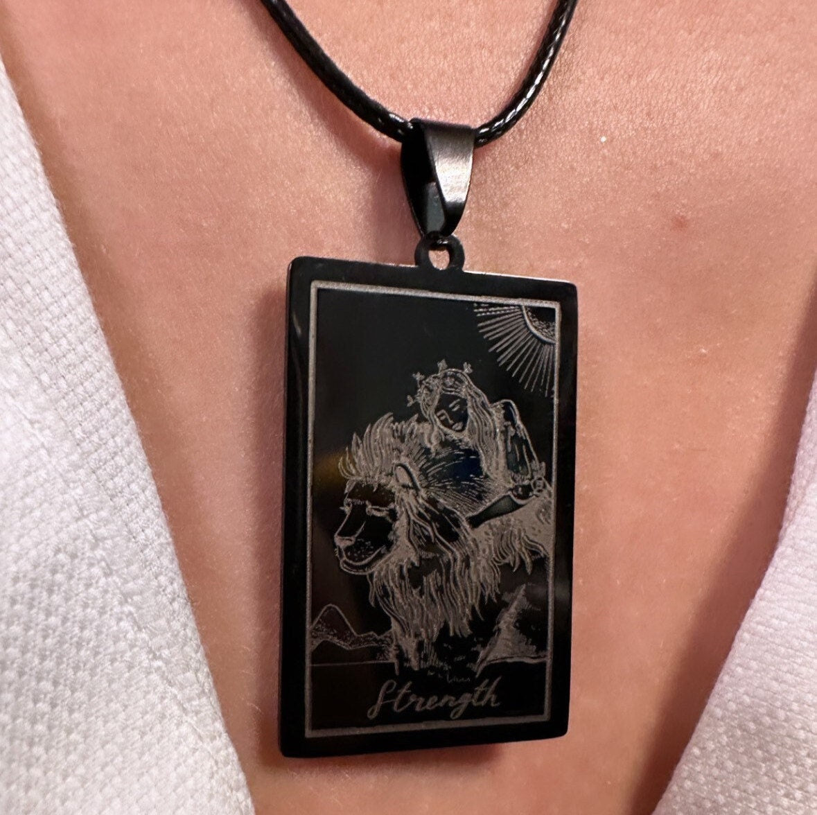 Men's Tarot Card Pendant, Occult Necklace For Men, Strength Necklace, Black Tarot Necklace, Stainless Steel Lion Necklace, Leather Necklace