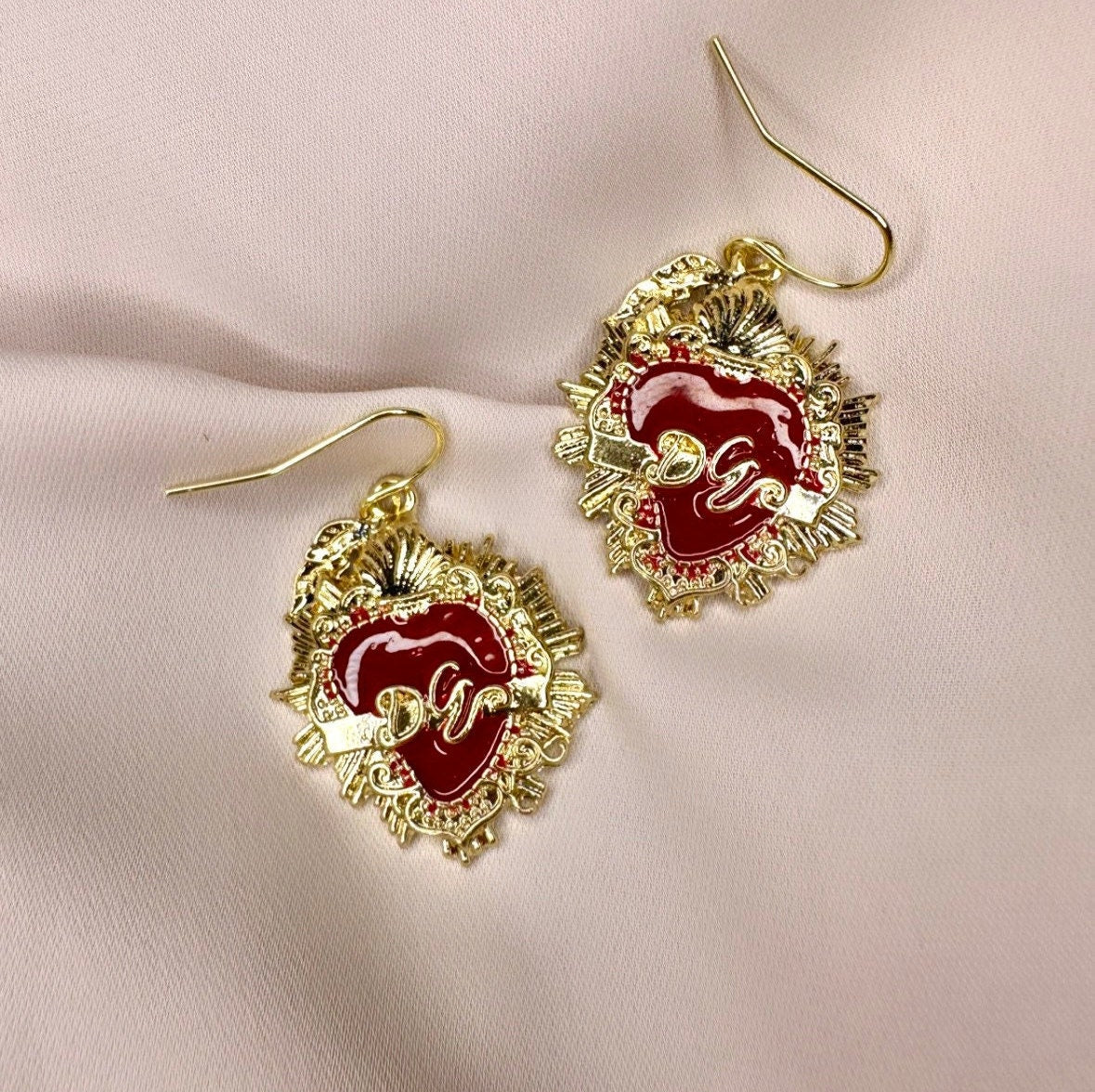 Sacred Heart Earrings, Milagro Heart Earrings, Mexican Heart Earrings, Ornate Heart Earrings, Red Heart Earrings Dangle, Valentine's Gift