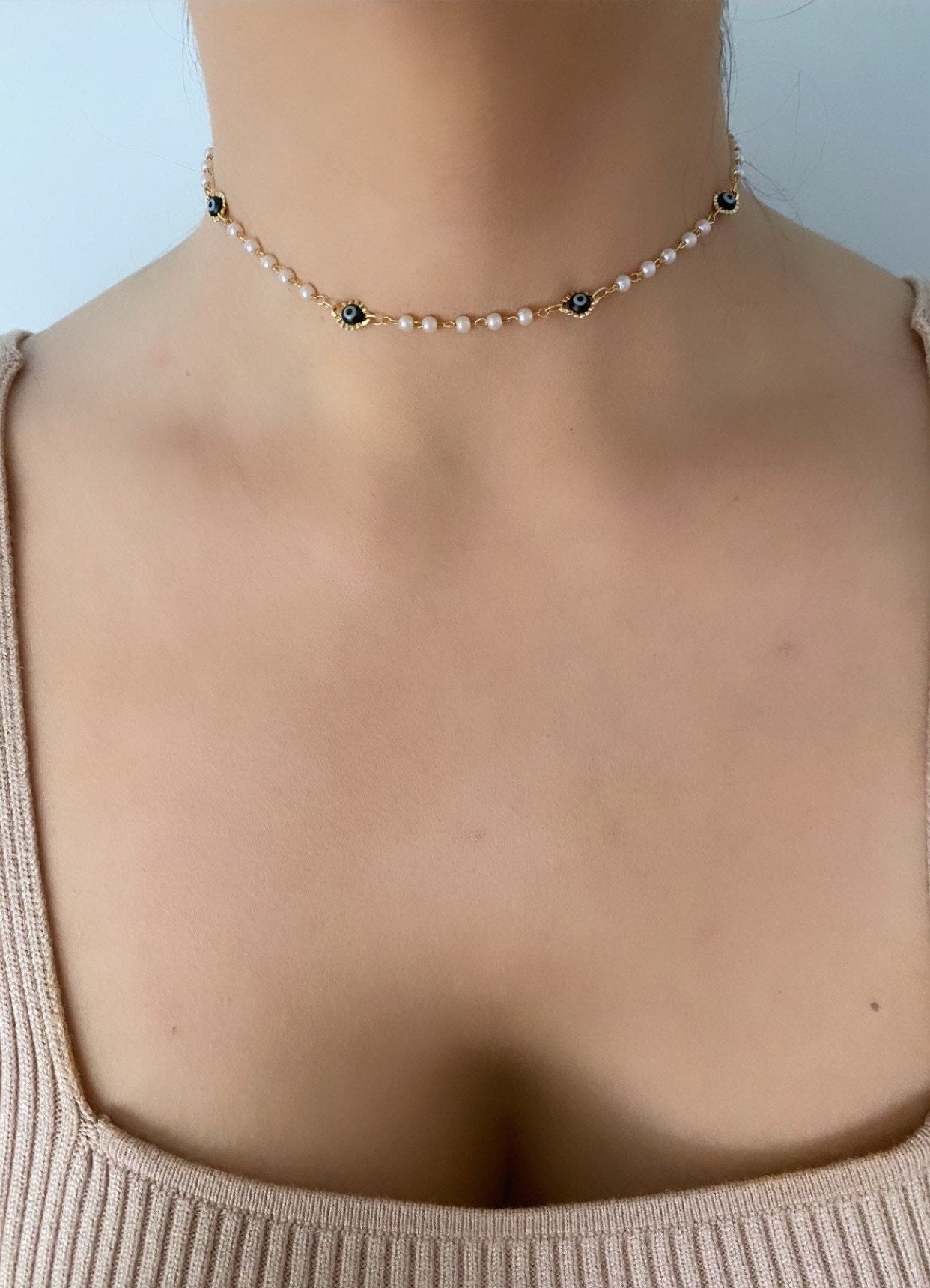 Black Evil Eye Necklace, Tiny Evil Eye Choker, Evil Eye Pearl Necklace, Tiny Pearl Choker, Seed Pearl Choker Necklace, Nazar Necklace