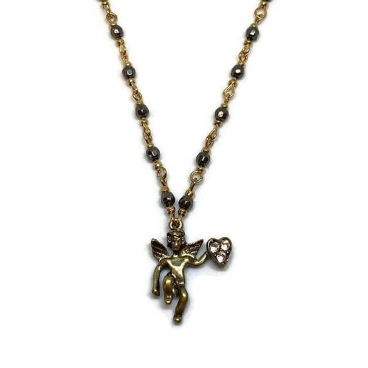 Men's Valentine's Day Necklace, Bronze Angel Pendant, Vintage Angel Necklace, Gunmetal Black Bead Necklace, Boyfriend Gift Idea, Cupid Gift