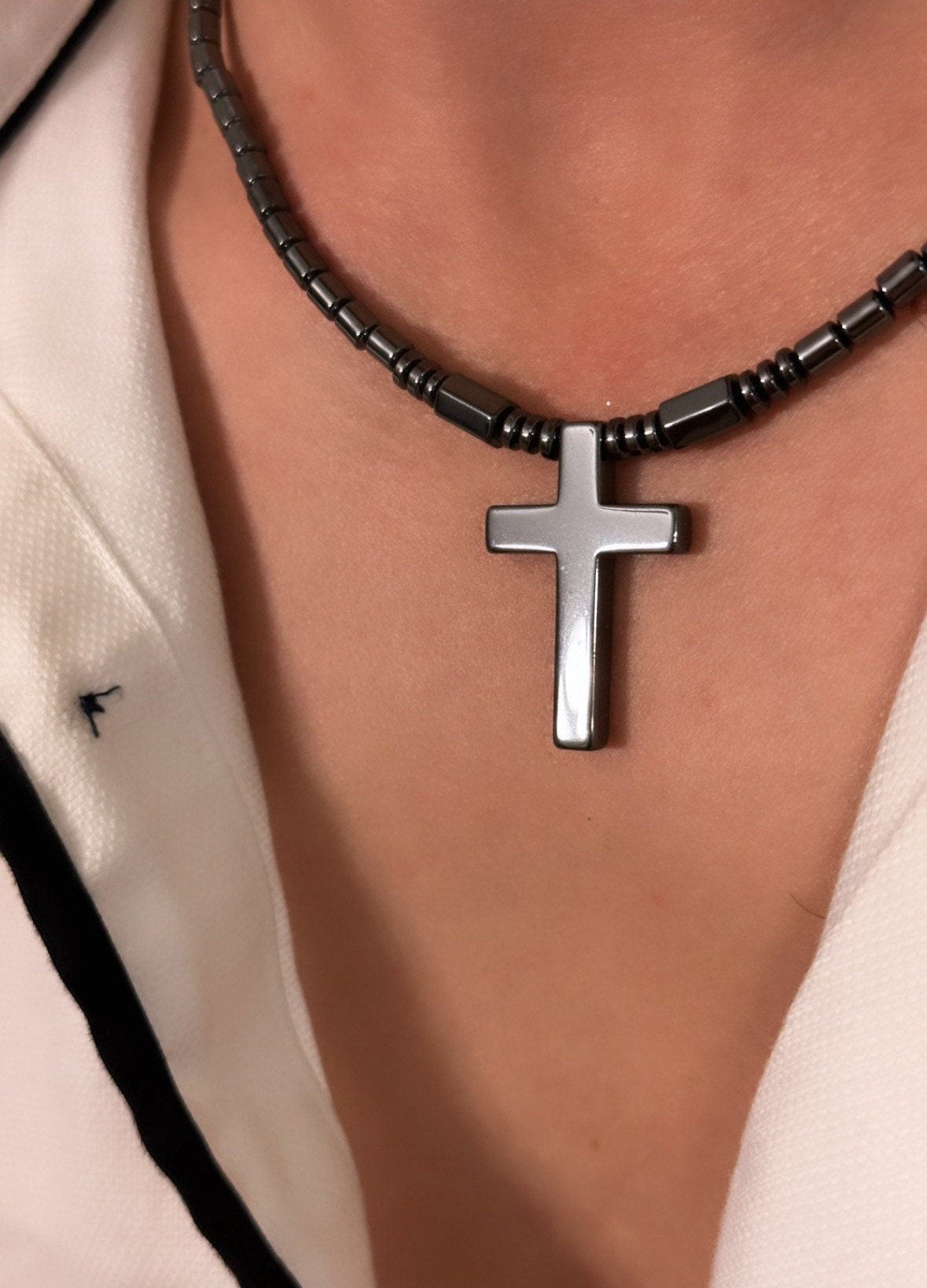 Black Men's Cross, Black Men's Cross Necklace, Hematite Cross Necklace, Magnetic Cross Necklace, Boyfriend Cross Necklace, Religious Gift