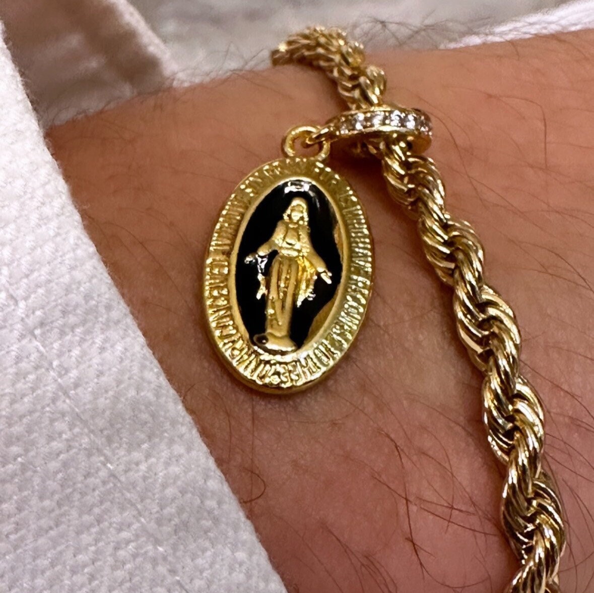 Virgin Mary Bracelet, Men's Religious Bracelet, Rope Chain Bracelet Adjustable, Saint Medal Bracelet, Stainless Steel Chain Bracelet